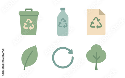 Eco-friendly icons: recycling bin, bottle, paper, leaf, cycle, tree in minimalist style