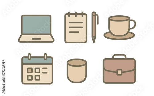 Pastel office icons: laptop, notebook, pen, coffee cup, calendar, mug, briefcase