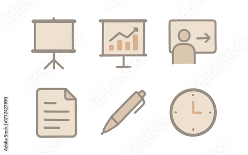 Minimalist business icons: presentation, chart, document, pen, and clock
