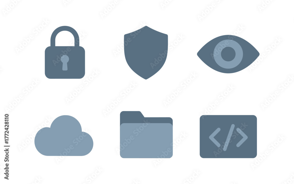 Fototapeta premium Minimalist cybersecurity icons set featuring lock, shield, and cloud symbols