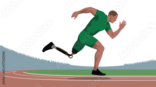 A man with a prosthetic leg running on a track wearing a green uniform with an audience in the background