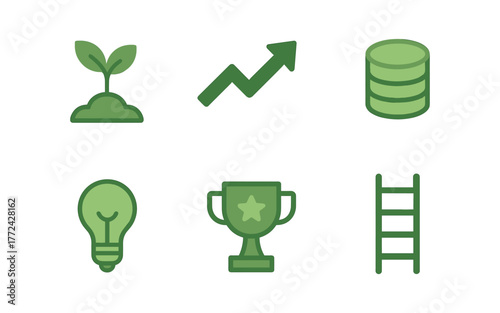 Green icons for growth and success: innovation, progress, and achievement symbols
