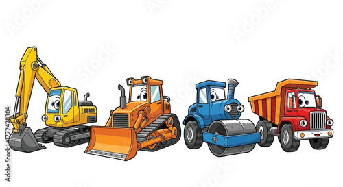 A group of cartoon construction vehicles stand together on a white background, ready for work.
