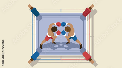 Aerial view of two boxers facing each other in a boxing ring with blue and red corner posts ropes