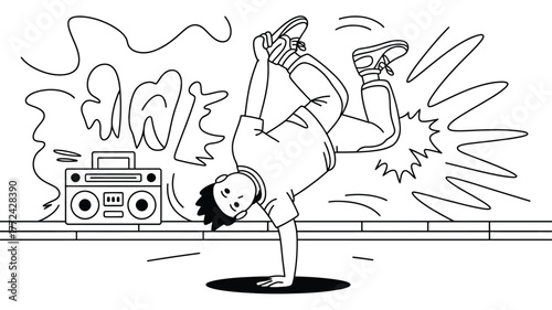 A breakdancer performing a handstand near a boombox with graffiti on the wall in black and white style