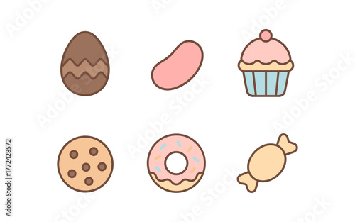 Cute cartoon sweets collection: eggs, donut, cupcake, cookie, candy