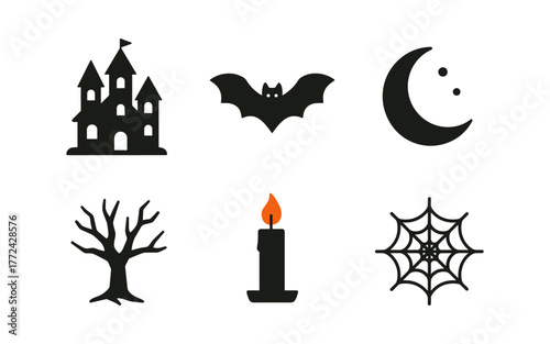 Halloween silhouette set: castle, bat, moon, tree, candle, web on orange background