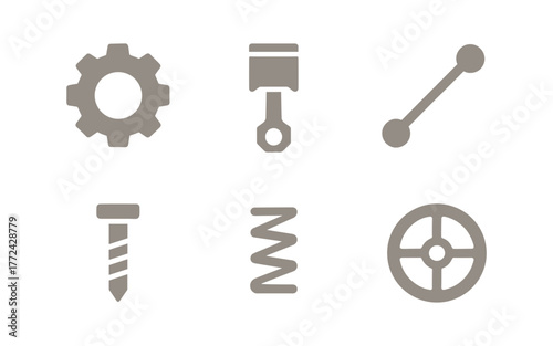 Minimalist mechanical elements set with gear, piston, and rod