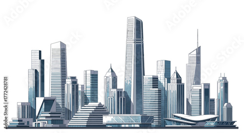 A modern city skyline is depicted with a variety of contemporary skyscrapers and architectural designs, illustrating urban development and business centers.