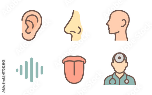 Medical icons featuring ear, nose, and throat with doctor and sound wave in flat design