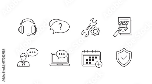 Set of eight thin line service and support icons including headphones and gear symbols vector