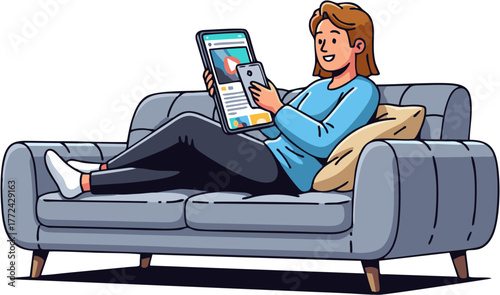 Woman on a sofa enjoying digital entertainment across her tablet and smartphone, illustrating modern multi-screen leisure and connectivity at home