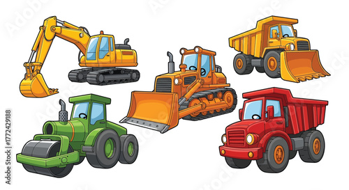A collection of colorful cartoon construction vehicles including an excavator, bulldozer, dump truck, and steamroller.