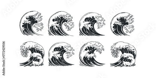 Collection of eight stylized wave graphics in black and white