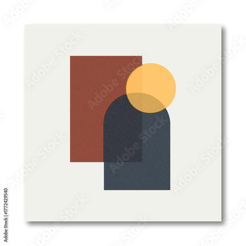 Abstract Minimalist Geometric Shapes Composition with Terracotta, Navy Arch, and Mustard Circle