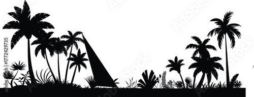 Flat vector silhouette of tropical landscape, black palm trees, plants, triangular tent structure, isolated for nature, beach, jungle, design use