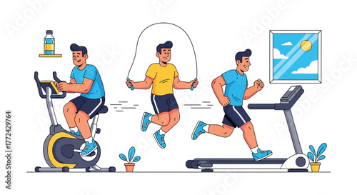 A man is depicted engaging in various exercises, including cycling, jumping rope, and running on a treadmill, to promote a healthy lifestyle.