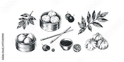 Hand Drawn Asian Dumplings with Chopsticks and Sauce