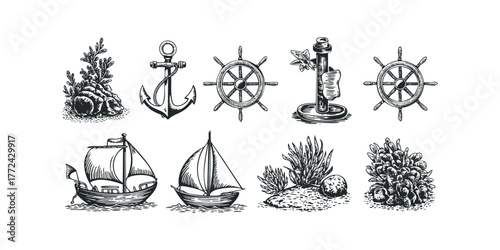 Nautical elements with anchor, ship wheel, and sailboat