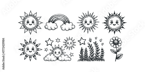 Collection of happy smiling suns and cheerful weather elements