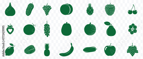Collection of green vegetable and fruit silhouettes with a textured grunge effect on a transparent background