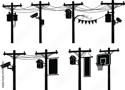 Flat vector silhouette set of utility poles, black urban infrastructure with cameras, wires, signs, birdhouses, decorations, isolated for design