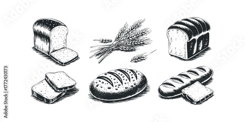 Collection of Hand Drawn Bakery Products and Grains
