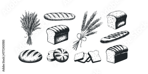 Variety of breads and wheat stalks collection