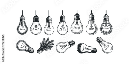 Collection of Engraved Incandescent Light Bulb Line Drawings