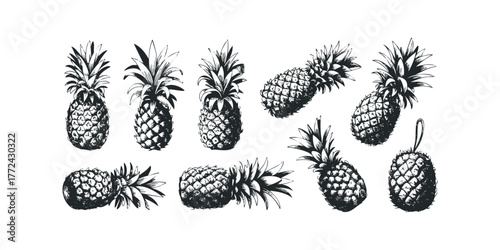 Collection of hand drawn pineapples in various poses