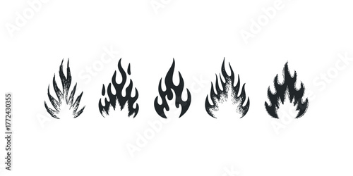 Collection of five stylized black flame icons on white background