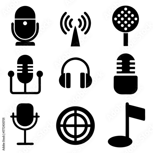 Studio recording icons — microphone, speaker, sound, and headphone on white.