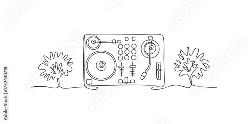 Continuous Line Drawing of DJ Turntable with Abstract Plants