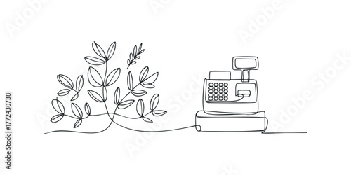 Continuous line drawing of plant and cash register