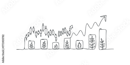 Line Art Growing Bar Chart with Candlestick Stocks and Leaf Icons