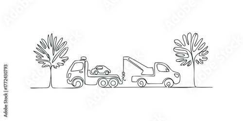 Tow truck hauling a small car between two stylized trees