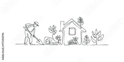 Gardener digging near a house with plants