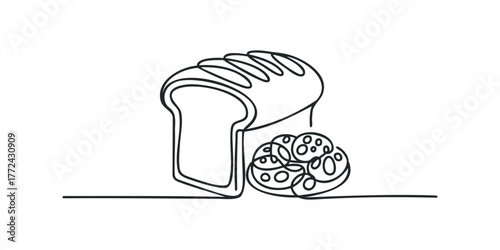 Simple line drawing of sliced bread loaf and sausage