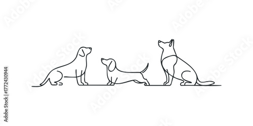Three dogs depicted in simple line art