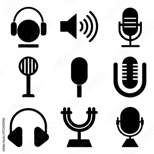 Microphone, sound waves, headphones, and speaker icon on white background.