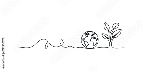 Single line drawing of earth with plant and heart