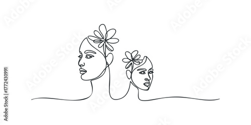 Abstract Line Art of Two Faces with Floral Hair Accents