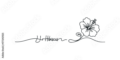 Line art hibiscus flower with cursive lettering