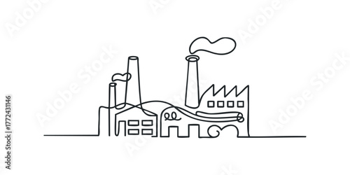 Factory building with smokestacks and smoke emission