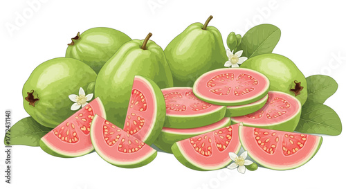 A pile of ripe pink guavas, some whole and some sliced, with small white flowers and green leaves.
