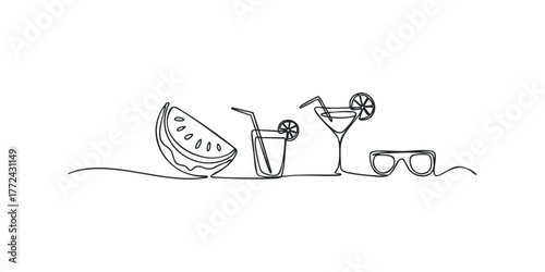 Minimalist continuous line drawing of watermelon, drink, and sunglasses