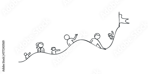 People climbing hill towards success flag