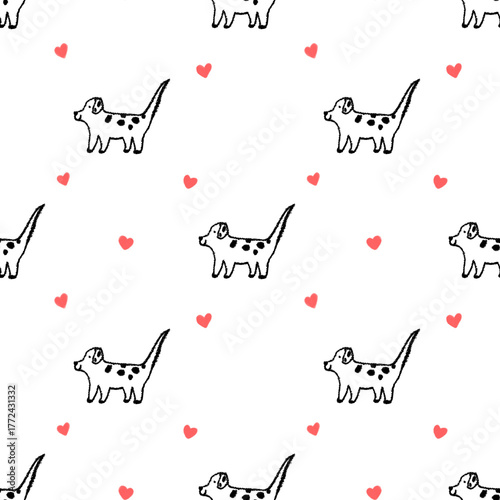 Seamless pattern with lineart dog and red hearts, white background, Valentine day illustration.