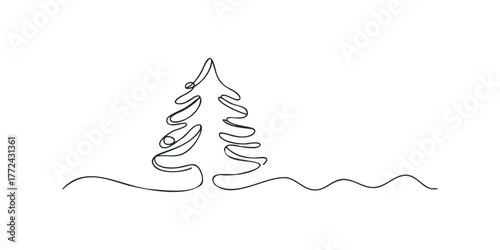 Minimalist line art pine tree with wavy ground