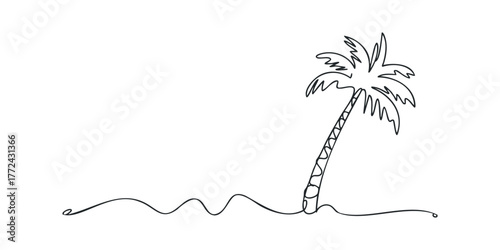 Single line drawing of a palm tree and waves